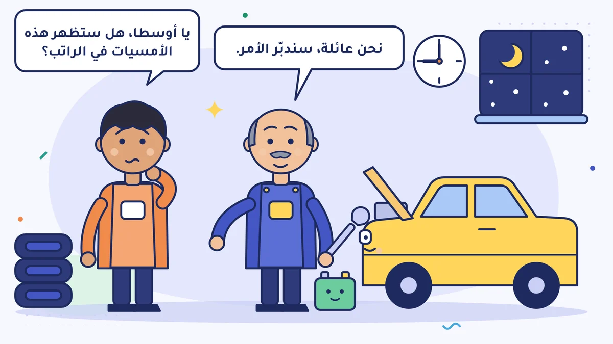 في الورشة مساءً والساعة التاسعة، المساعد إمره يسأل «يا أوسطا، هل ستظهر هذه الأمسيات في الراتب؟» ويوسف أوسطا يجيب «نحن عائلة، سندبّر الأمر.»