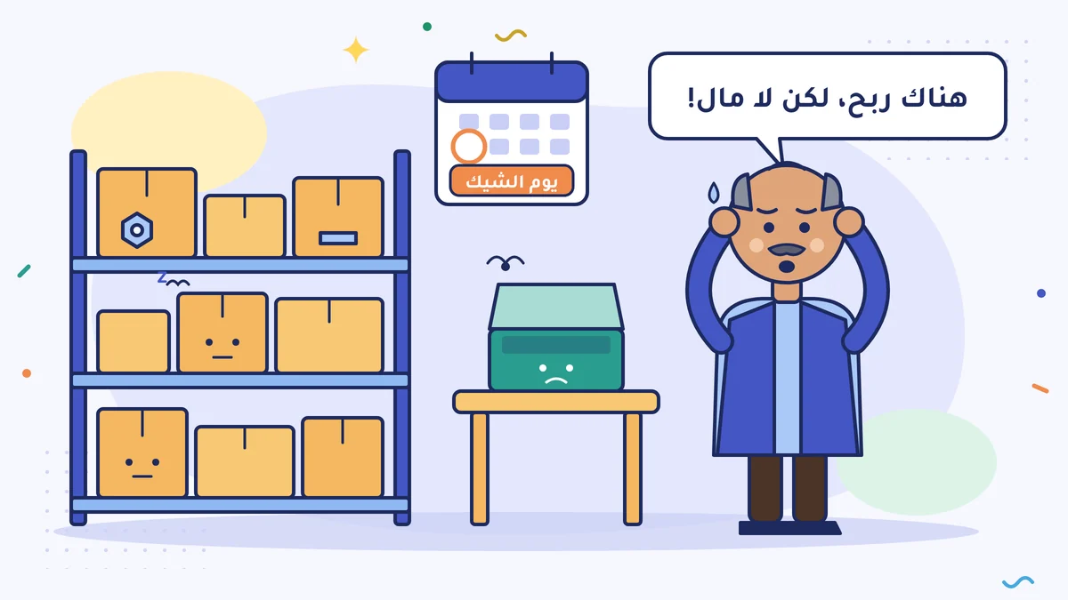 إمره بيك تاجر جملة الخردوات واضعًا يديه على رأسه يقول «هناك ربح، لكن لا مال!»؛ صناديق تنتظر على الرف، وصندوق نقود فارغ على الطاولة، ويوم استحقاق الشيك في تقويم الحائط