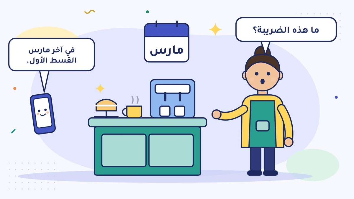 عائشة هانم صاحبة المقهى بجانب منضدتها تسأل: ما هذه الضريبة؟ وعلى الجدار تقويم مارس، والمحاسب يقول بالهاتف: في آخر مارس القسط الأول.