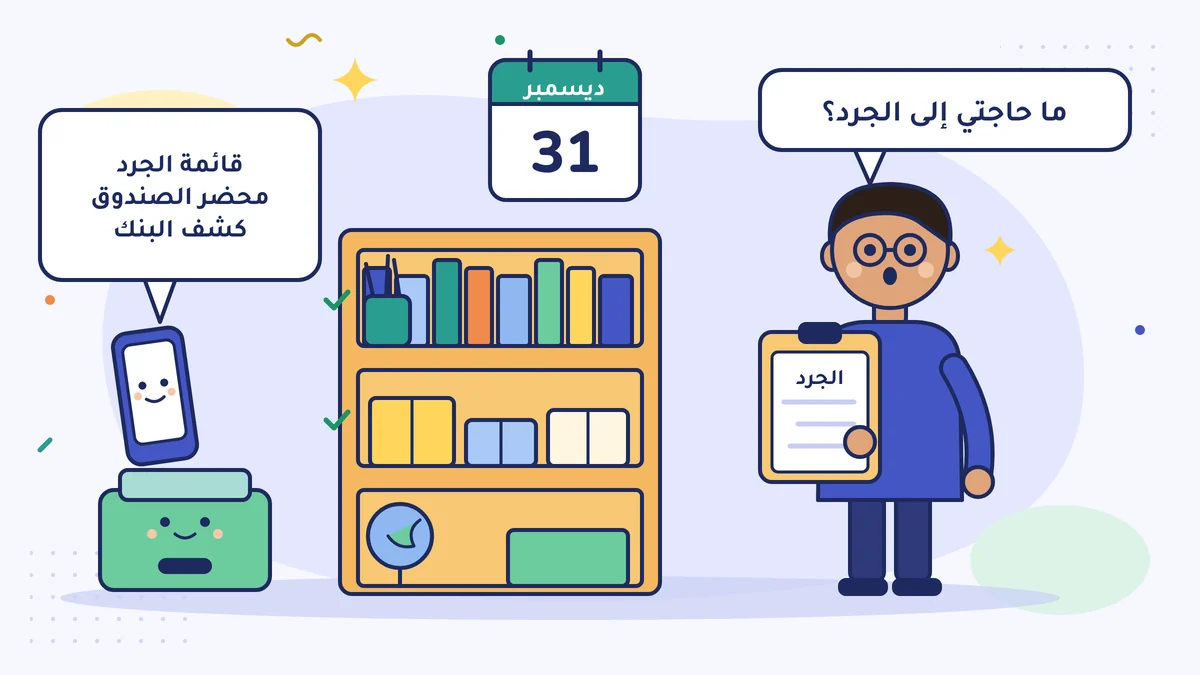 إمره بيك صاحب القرطاسية أمام الرفوف وفي يده لوح الجرد، وعلى الجدار تقويم 31 ديسمبر؛ المحاسب يطلب بالهاتف قائمة الجرد ومحضر الصندوق وكشف البنك، وإمره بيك يسأل: ما حاجتي إلى الجرد؟