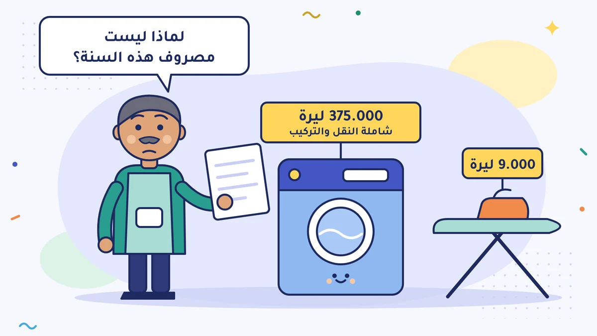 سنان بيك صاحب محل التنظيف الجاف يمسك الحساب الأولي ويسأل «لماذا ليست مصروف هذه السنة؟»؛ وبجانبه الآلة الجديدة بـ 375.000 ليرة شاملة النقل والتركيب، وطاولة الكيّ بـ 9.000 ليرة