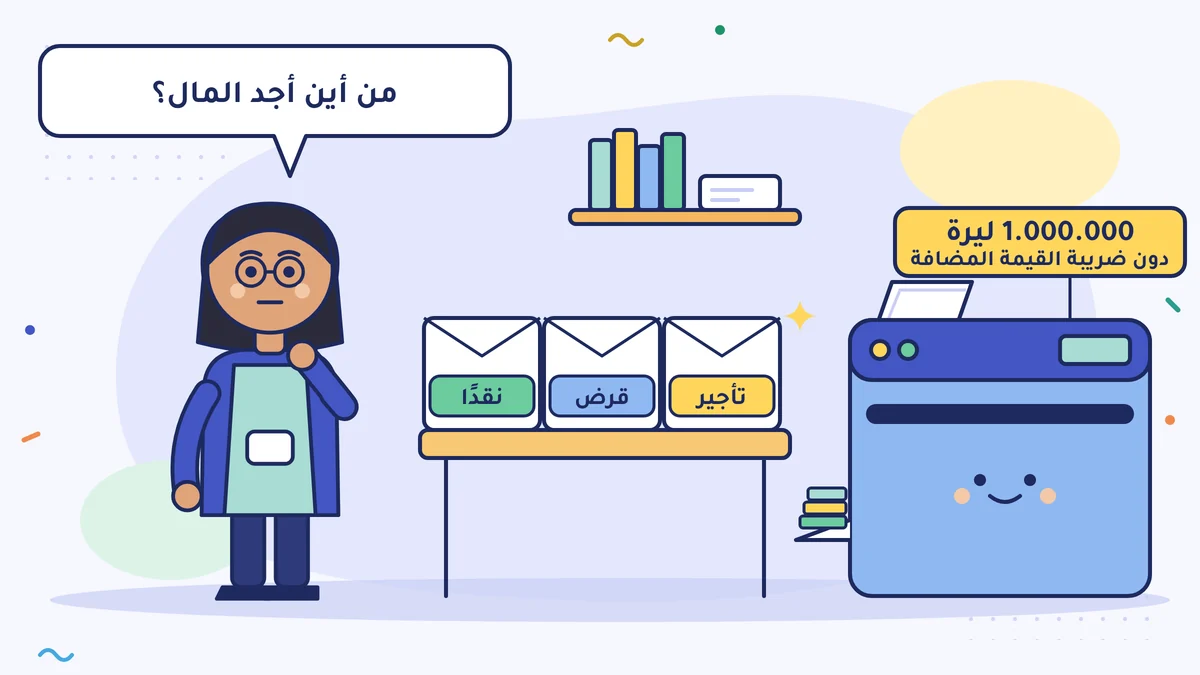 زينب هانم صاحبة المطبعة تفكّر «من أين أجد المال؟»؛ على المكتب ثلاثة مغلّفات عروض مكتوب عليها «نقدًا» و«قرض» و«تأجير»، وبجانبها آلة طباعة رقمية بـ 1.000.000 ليرة دون ضريبة القيمة المضافة