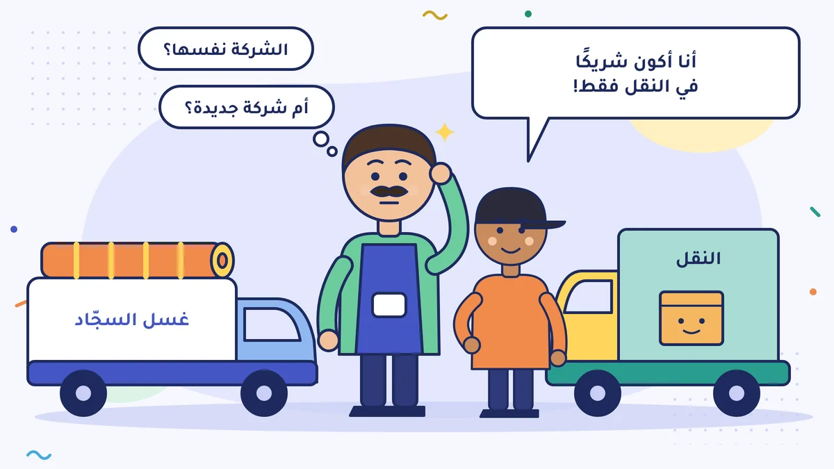 طارق بيك صاحب مغسلة السجّاد يحكّ رأسه ويفكّر: «الشركة نفسها؟ أم شركة جديدة؟»؛ وابن عمّه سليم أمام شاحنة النقل يقول: «أنا أكون شريكًا في النقل فقط!»