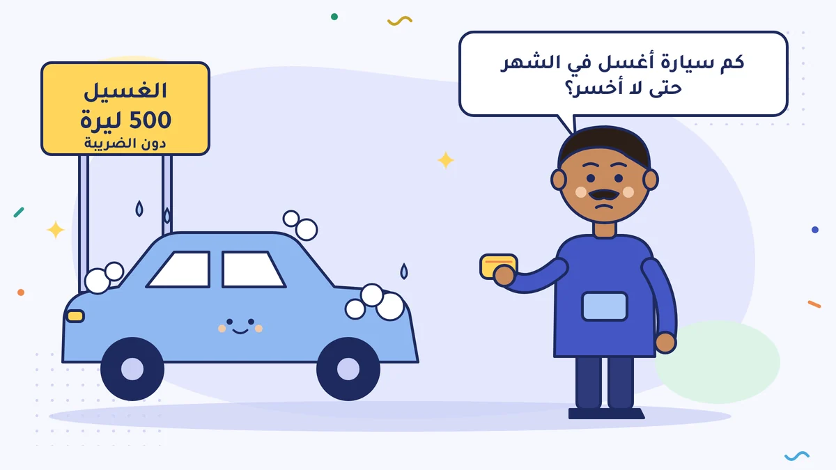 كمال بيك صاحب مغسلة السيارات يمسك إسفنجة بجانب سيارة مغطّاة بالرغوة ويسأل «كم سيارة أغسل في الشهر حتى لا أخسر؟»؛ وعلى اللوحة: الغسيل 500 ليرة، دون ضريبة القيمة المضافة