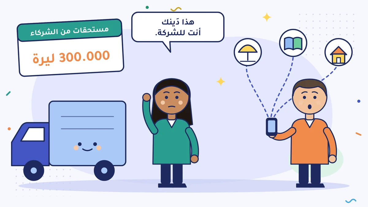 إمره بيك صاحب شركة النقل يحوّل بالهاتف مالًا من حساب الشركة لقسط البيت والمدرسة والعطلة؛ والمحاسبة تقول: «هذا دَينك أنت للشركة»، وفي اللوحة المستحقات من الشركاء 300.000 ليرة