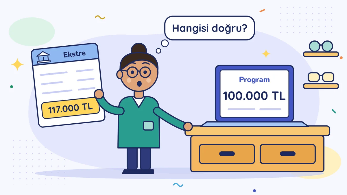 Gözlükçü Oya Hanım tezgâhın yanında şaşkın: bir yanında 117.000 TL yazan banka ekstresi, öbür yanında ekranında 100.000 TL görünen dizüstü bilgisayar; soruyor: Hangisi doğru?