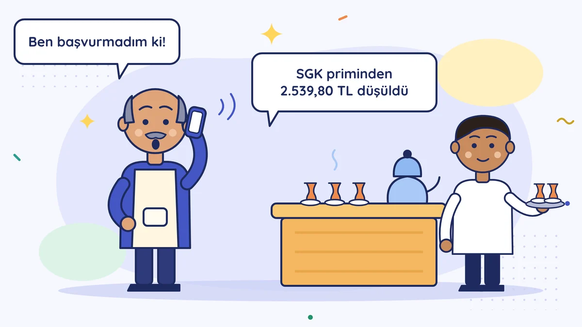 Kahveci Orhan Abi telefonda "SGK priminden 2.539,80 TL düşüldü" haberini alıyor ve "Ben başvurmadım ki!" diyor; garson Barış çay taşıyor