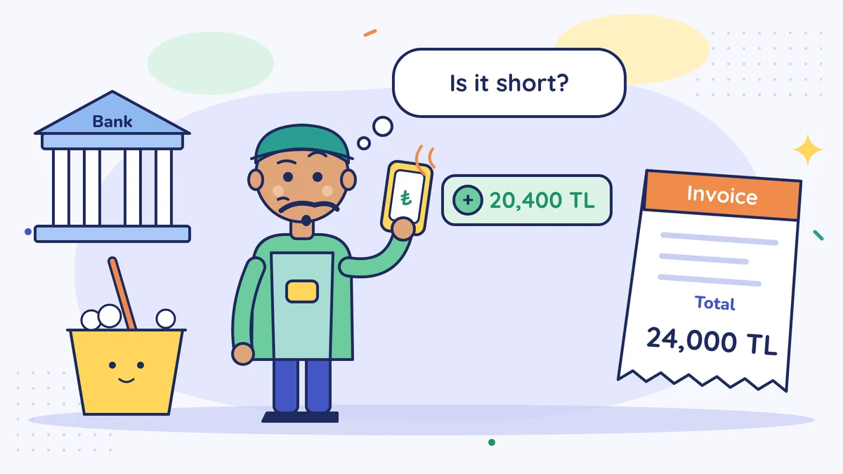 Osman Bey the cleaner looks at his phone showing 20,400 TL received from the bank while his invoice total is 24,000 TL, and wonders "Is it short?"