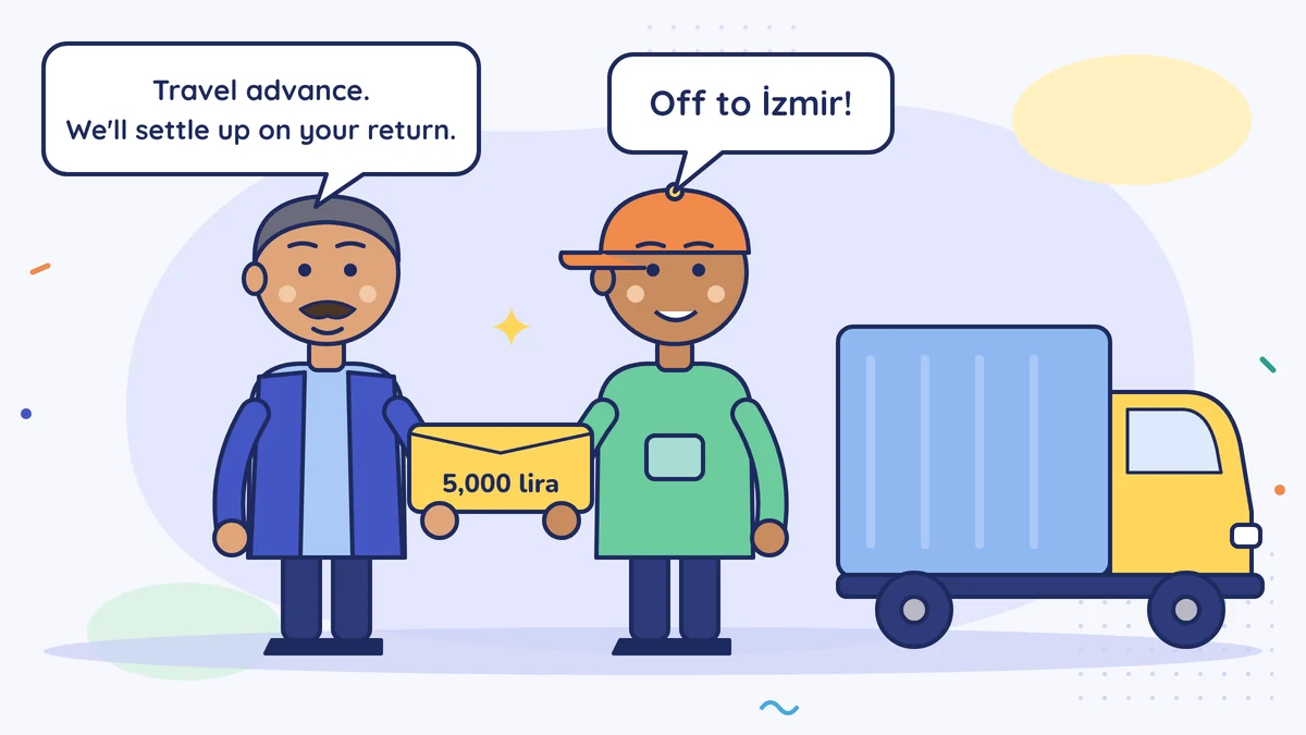 Emre Bey the haulier, in front of the lorry, hands his driver a 5,000 lira advance envelope: "Travel advance. We'll settle up on your return." The driver says "Off to İzmir!"