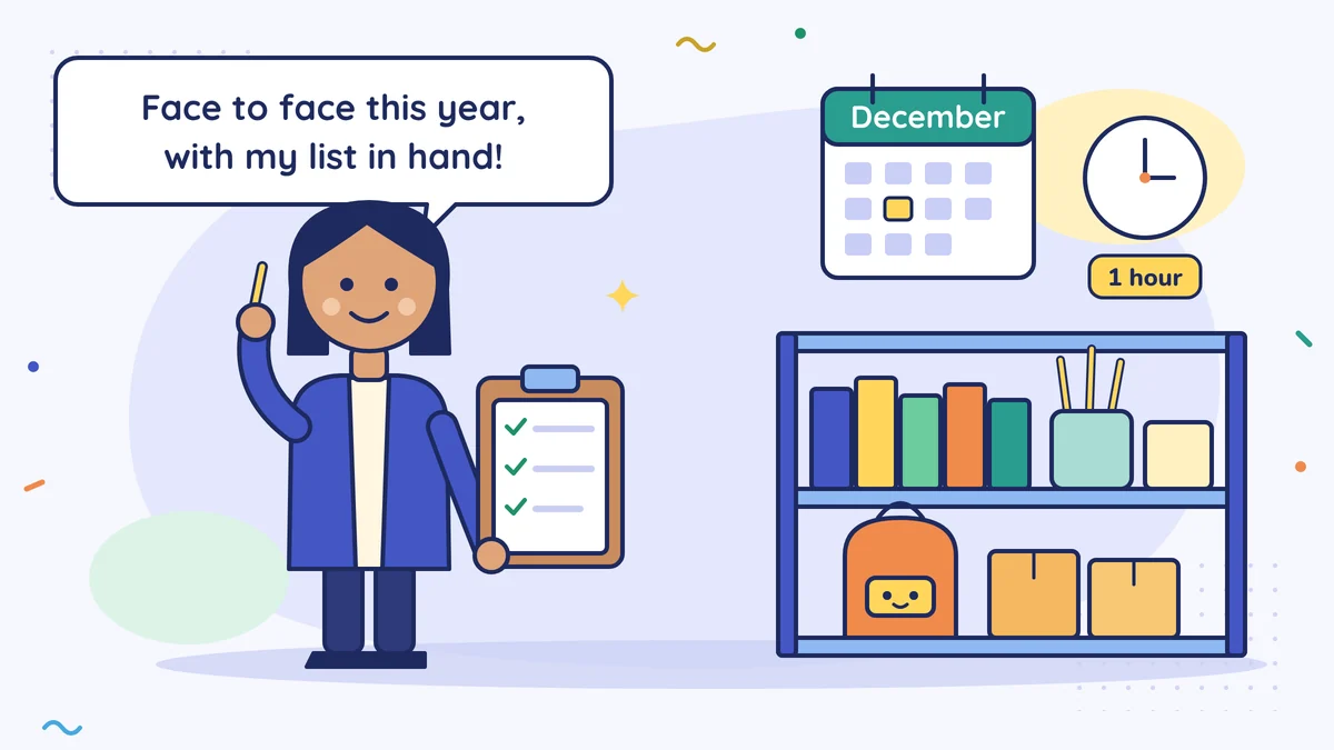 Leyla Hanım the stationer holds her list of questions and says "Face to face this year, with my list in hand!"; on the wall a December calendar and a clock marked 1 hour, on the shelf notebooks and a school bag