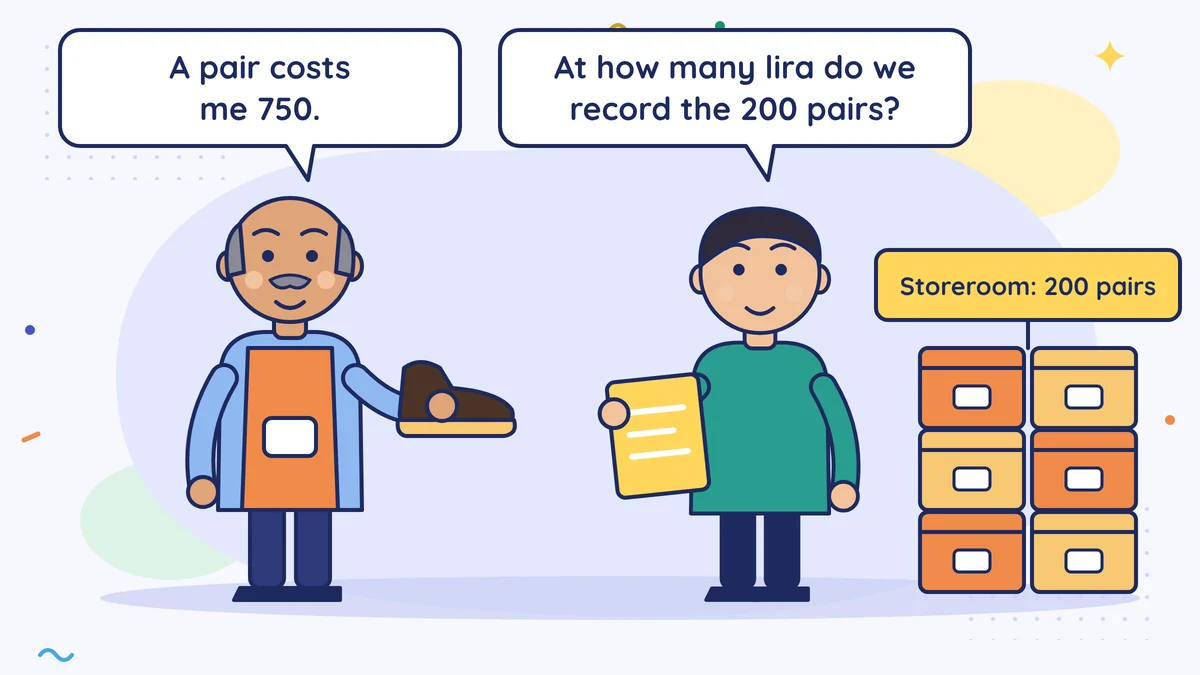 Bayram Usta the shoemaker, holding a shoe, says "A pair costs me 750."; his mali müşavir asks "At how many lira shall we record the 200 pairs in the storeroom?", with shoe boxes beside them