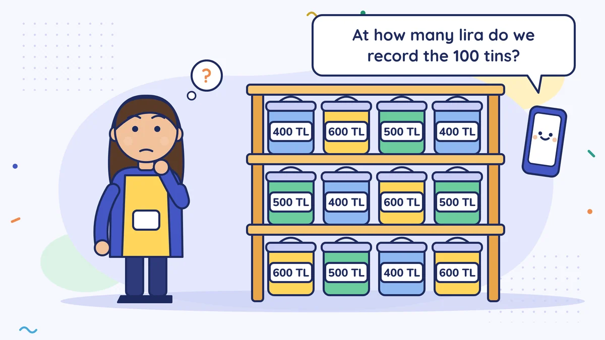 Gönül Hanım the hardware shop owner looks at 400, 500 and 600 TL paint tins mixed on the shelf; her mali müşavir on the phone asks "At how many lira shall we record the 100 tins on the shelf?"