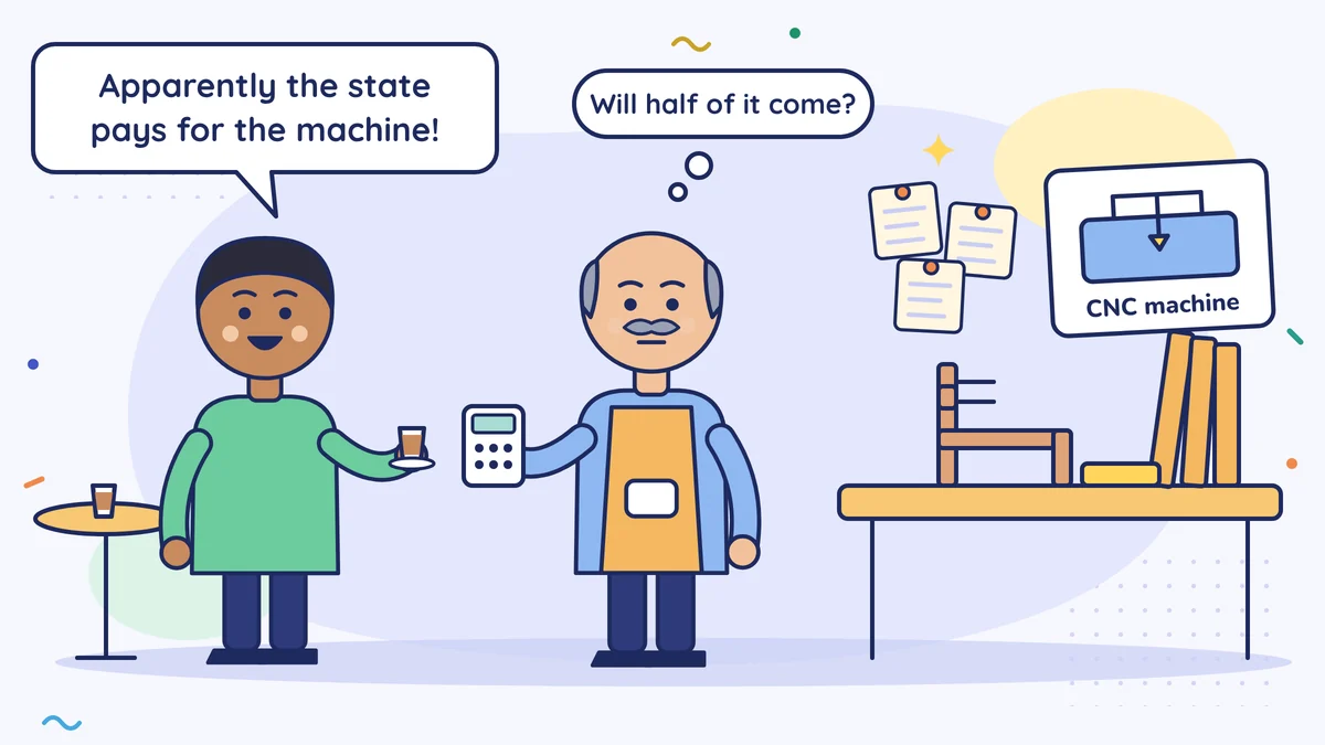 A friend with a glass of tea says "Apparently the state pays for the machine!"; Mehmet Usta the furniture maker, with a calculator, wonders "Will half of it come?", and a CNC machine poster hangs on the wall