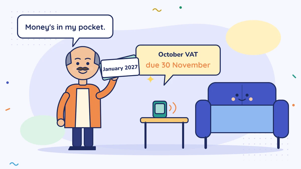 Tuncay Bey the furniture maker holds up cheques dated January 2027 and says "Money's in my pocket."; a note from the ringing phone: October VAT, last day 30 November