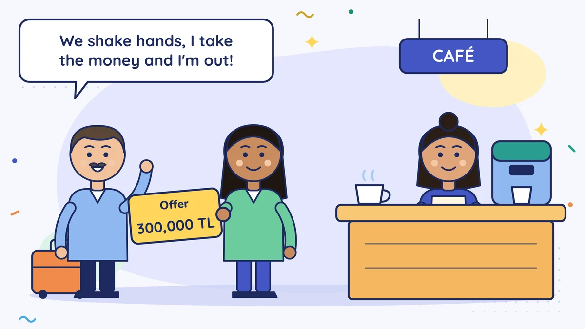 Kenan Bey with his suitcase says "We shake hands, I take the money and I'm out!"; Elif Hanım holds an "Offer 300,000 TL" card, Nermin Hanım stands behind the café counter