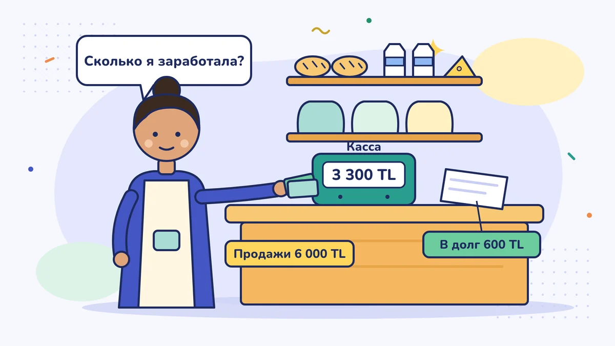 Продавщица Айше-ханым пересчитывает кассу у прилавка: в кассе 3 300 TL, на прилавке записка с продажами на 6 000 TL и долгом на 600 TL