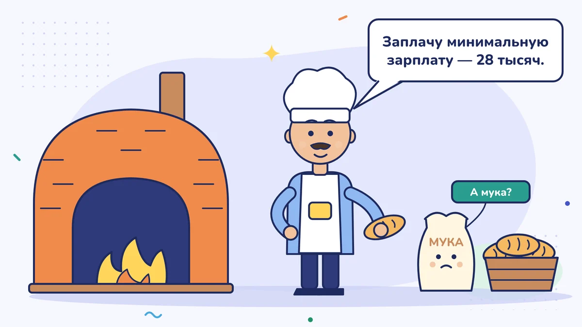 Пекарь Хасан-аби держит буханку и говорит: «Заплачу минималку, 28 тысяч»; рядом грустный мешок муки спрашивает: «А мука?»