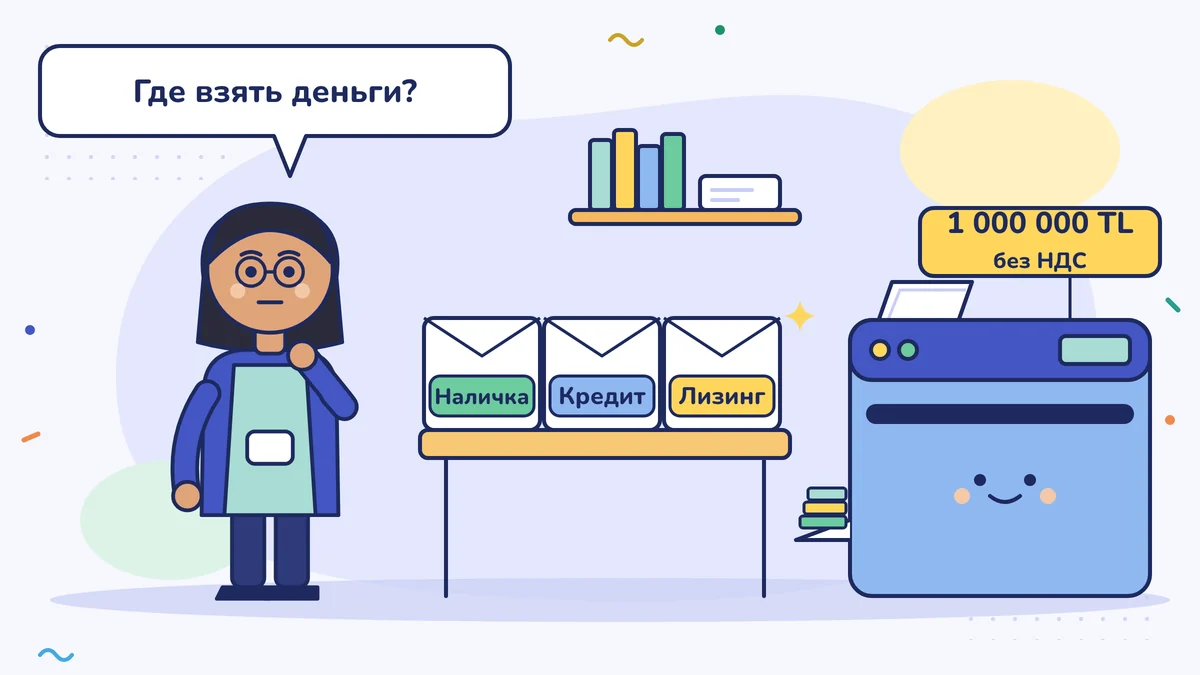 Хозяйка типографии Зейнеп-ханым думает: «Где взять деньги?»; на столе три конверта с предложениями: «Сразу», «Кредит» и «Лизинг», рядом цифровая печатная машина за 1 000 000 TL без НДС