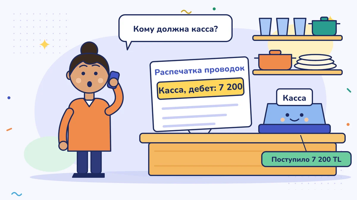 Хозяйка магазина посуды Тюлин-ханым по телефону спрашивает: «Кому касса должна?»; в распечатке проводок написано «Kasa, borç: 7 200», а в улыбающуюся кассу пришло 7 200 TL