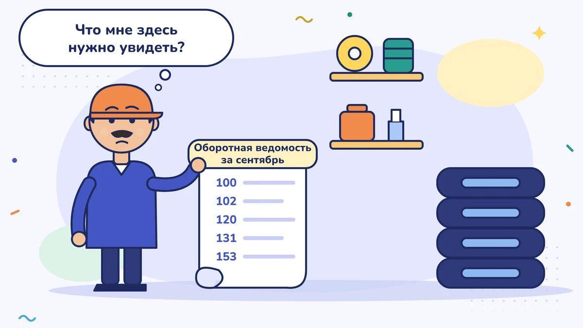 Продавец автозапчастей Волкан-бей держит сентябрьскую ведомость со строками 100, 102, 120, 131, 153 и думает: «А что мне нужно увидеть, когда я на это смотрю?»; рядом стоят шины