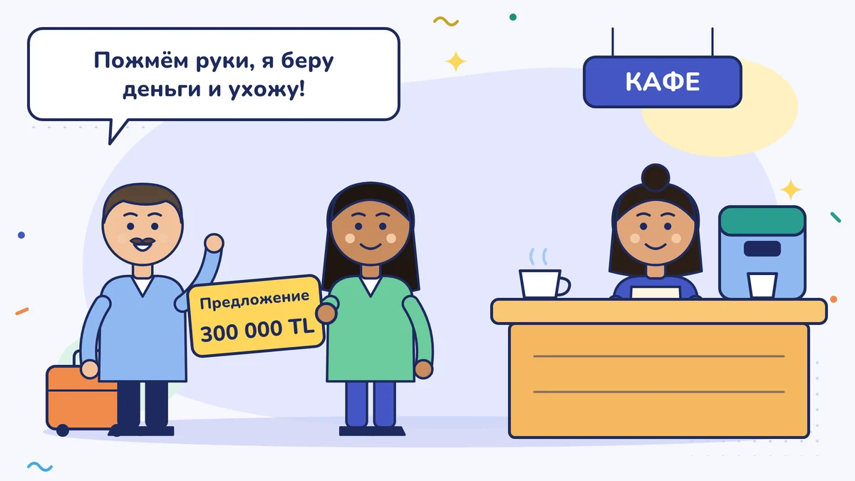 Кенан-бей с чемоданом говорит: «Пожмём руки, я возьму деньги и уйду!»; Элиф-ханым держит карточку «Предложение 300 000 TL», Нермин-ханым стоит за стойкой кафе