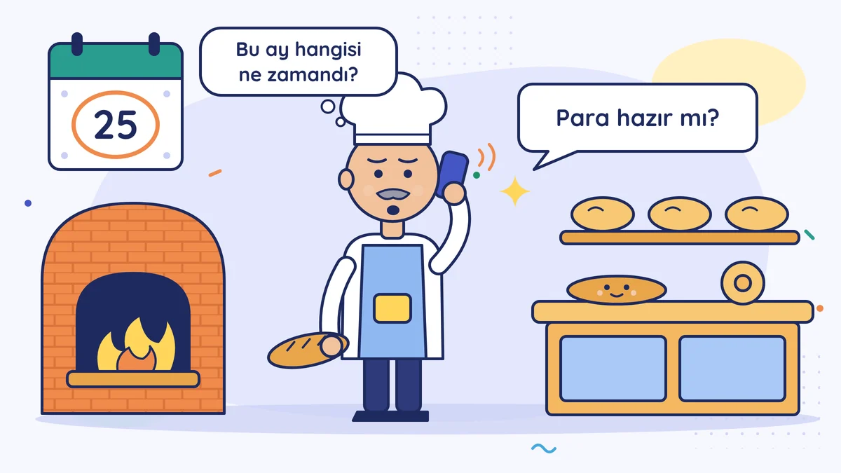 Fırıncı Nuri Usta fırının önünde telefonla konuşuyor; duvar takviminde 25 daireli, müşavir "Para hazır mı?" diye soruyor, Nuri Usta "Bu ay hangisi ne zamandı?" diye düşünüyor