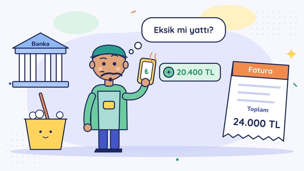 Temizlikçi Osman Bey telefonuna bakıp şaşırıyor: hesabına 20.400 TL yattı ama faturanın toplamı 24.000 TL; yanında banka ve kova, balonda Eksik mi yattı?