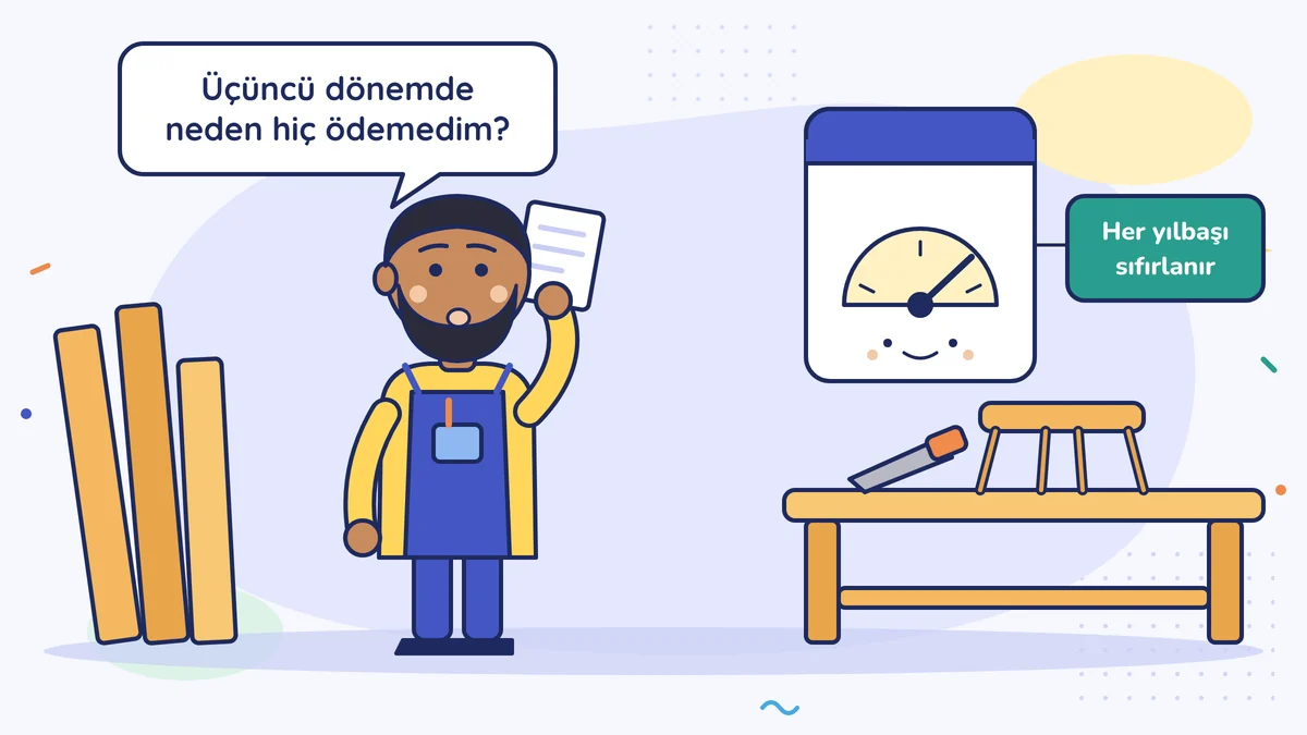 Mobilyacı Mehmet Usta elinde kâğıtla "Üçüncü dönemde neden hiç ödemedim?" diye soruyor; duvardaki sevimli elektrik sayacının etiketi "Her yılbaşı sıfırlanır"