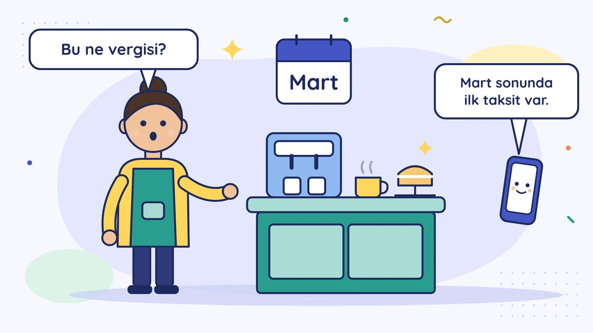 Kafeci Ayşe Hanım tezgâhının yanında Bu ne vergisi diye soruyor; duvarda Mart takvimi, müşavir telefondan Mart sonunda ilk taksit var diyor.