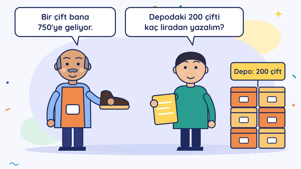 Ayakkabıcı Bayram Usta elinde ayakkabıyla "Bir çift bana 750'ye geliyor." diyor; müşaviri "Depodaki 200 çifti kaç liradan yazalım?" diye soruyor, yanda ayakkabı kutuları