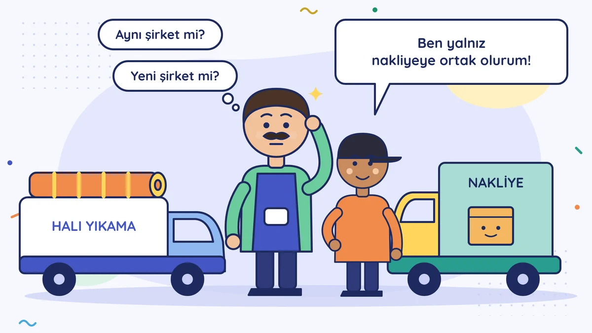 Halıcı Tarık Bey başını kaşıyıp "Aynı şirket mi? Yeni şirket mi?" diye düşünüyor; kuzeni Selim nakliye kamyonunun önünde "Ben yalnız nakliyeye ortak olurum!" diyor