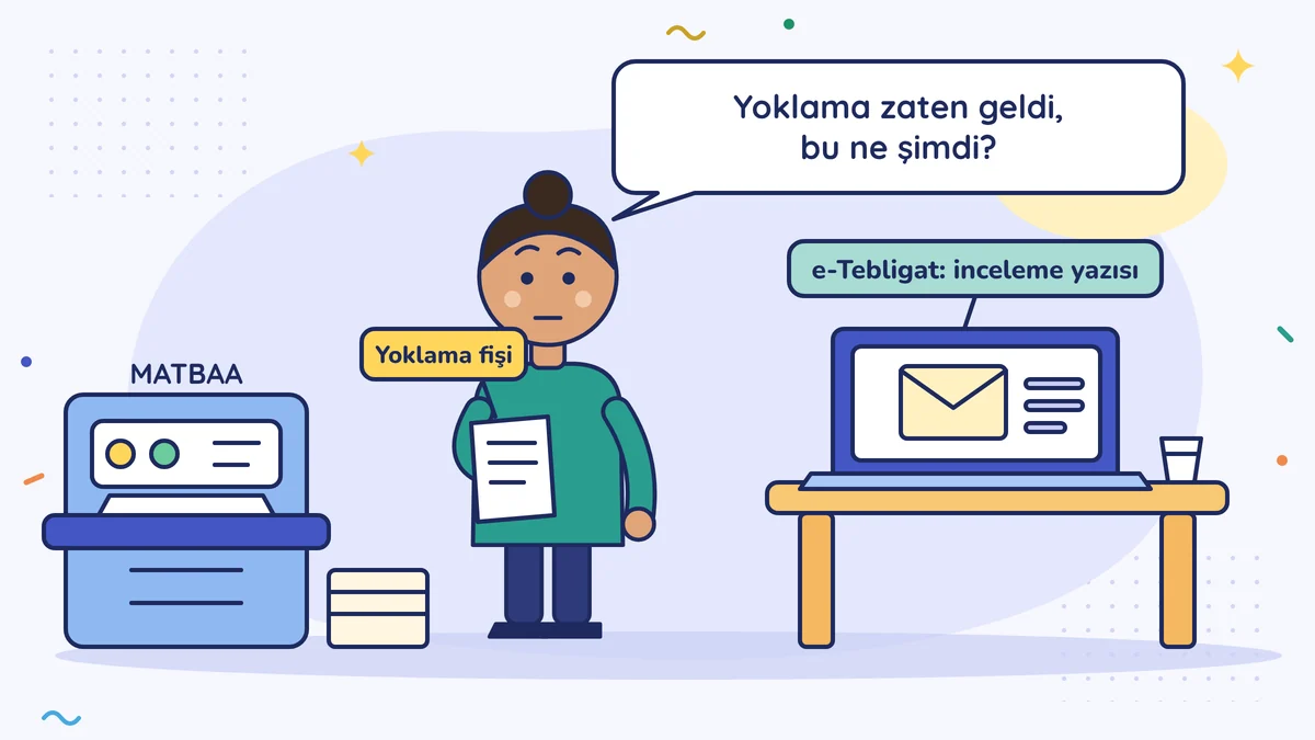 Matbaacı Saadet Hanım elinde yoklama fişiyle soruyor: "Yoklama zaten geldi, bu ne şimdi?"; masadaki bilgisayarda e-Tebligat'a düşen inceleme yazısı, yanda baskı makinesi