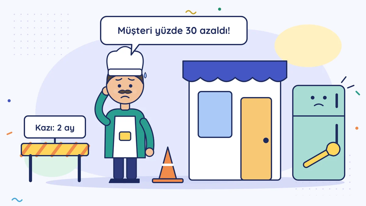 Lokantacı Nihat Usta endişeyle "Müşteri yüzde 30 azaldı!" diyor; lokantanın önünde "Kazı: 2 ay" tabelalı bariyer ve koni, yanda arızalı soğuk oda