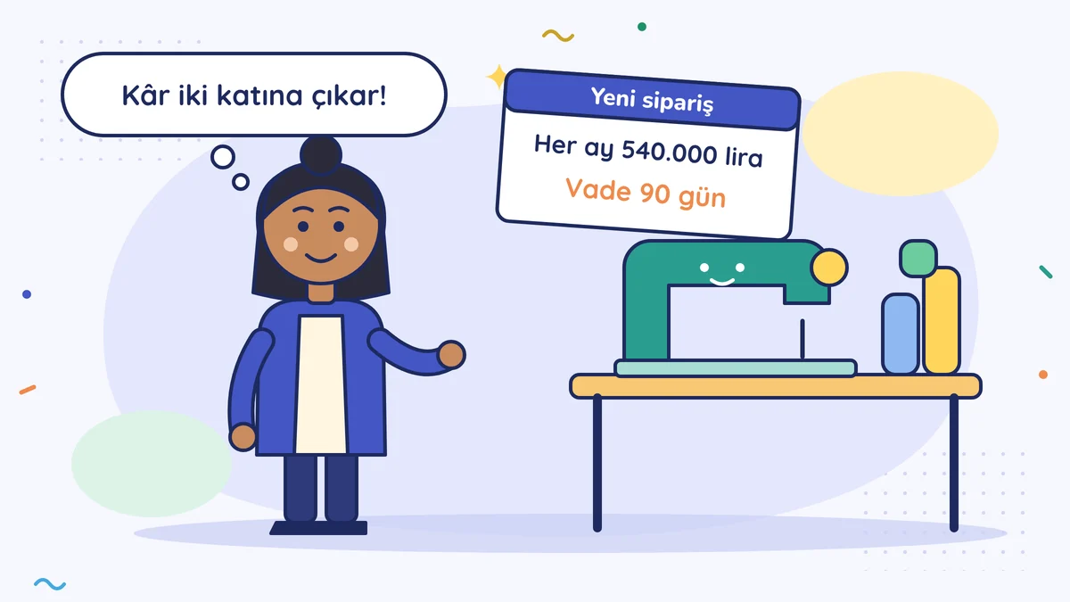 Tekstilci Filiz Hanım dikiş makinesinin yanında "Kâr iki katına çıkar!" diye düşünüyor; yeni sipariş kâğıdında her ay 540.000 lira, vade 90 gün